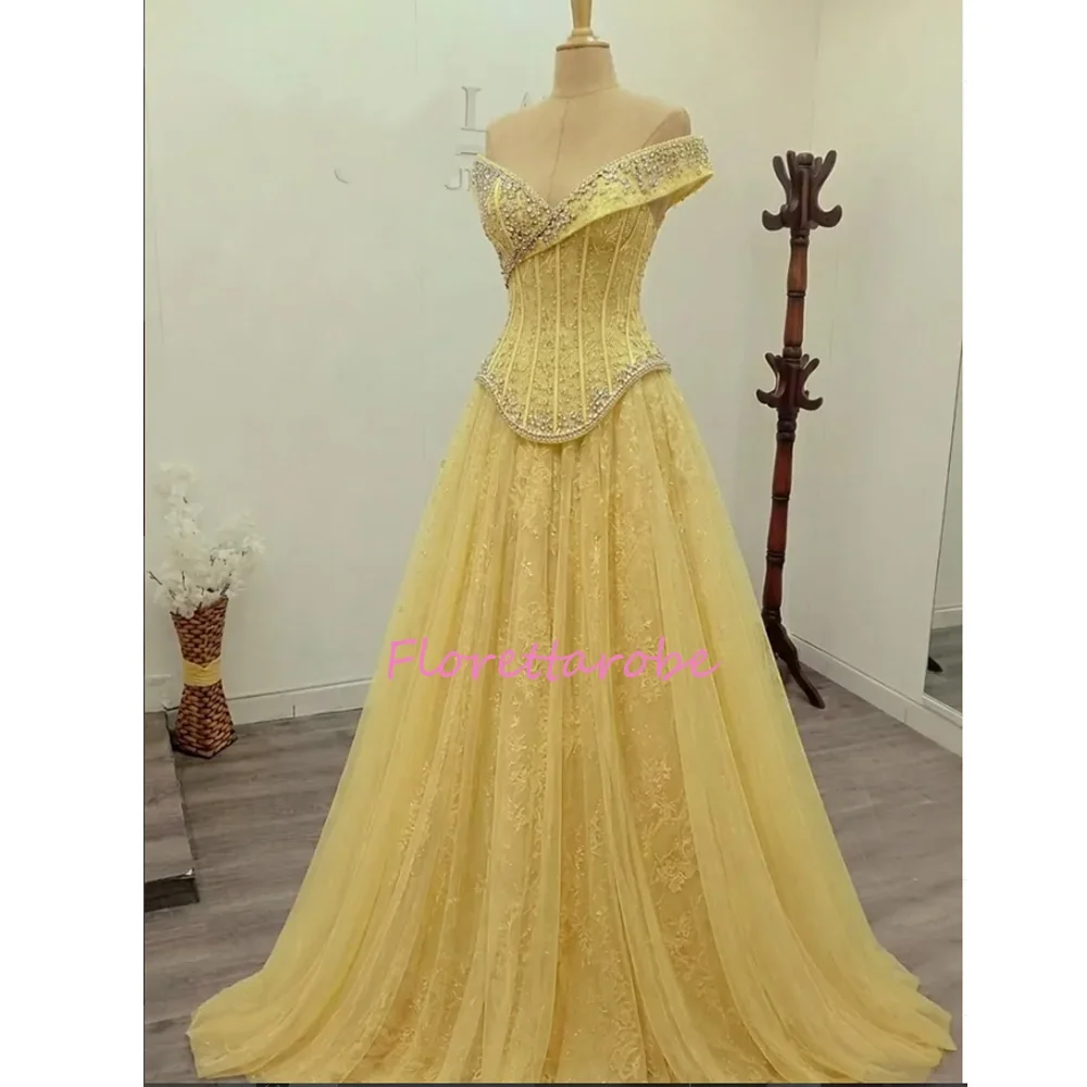 

Customized Luxury Crystals Beaded Prom Dress for Women Off the Shoulder Sweep Train Evening Dresses Lace Party Gowns