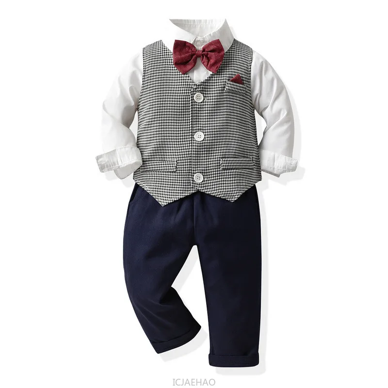 

Boys Bow Tie Long Sleeve Cotton Shirt Suspenders Pants 3 Piece Gentleman Plaid Vest Set Outfit Fall Kids Suit Autumn Formal Wear