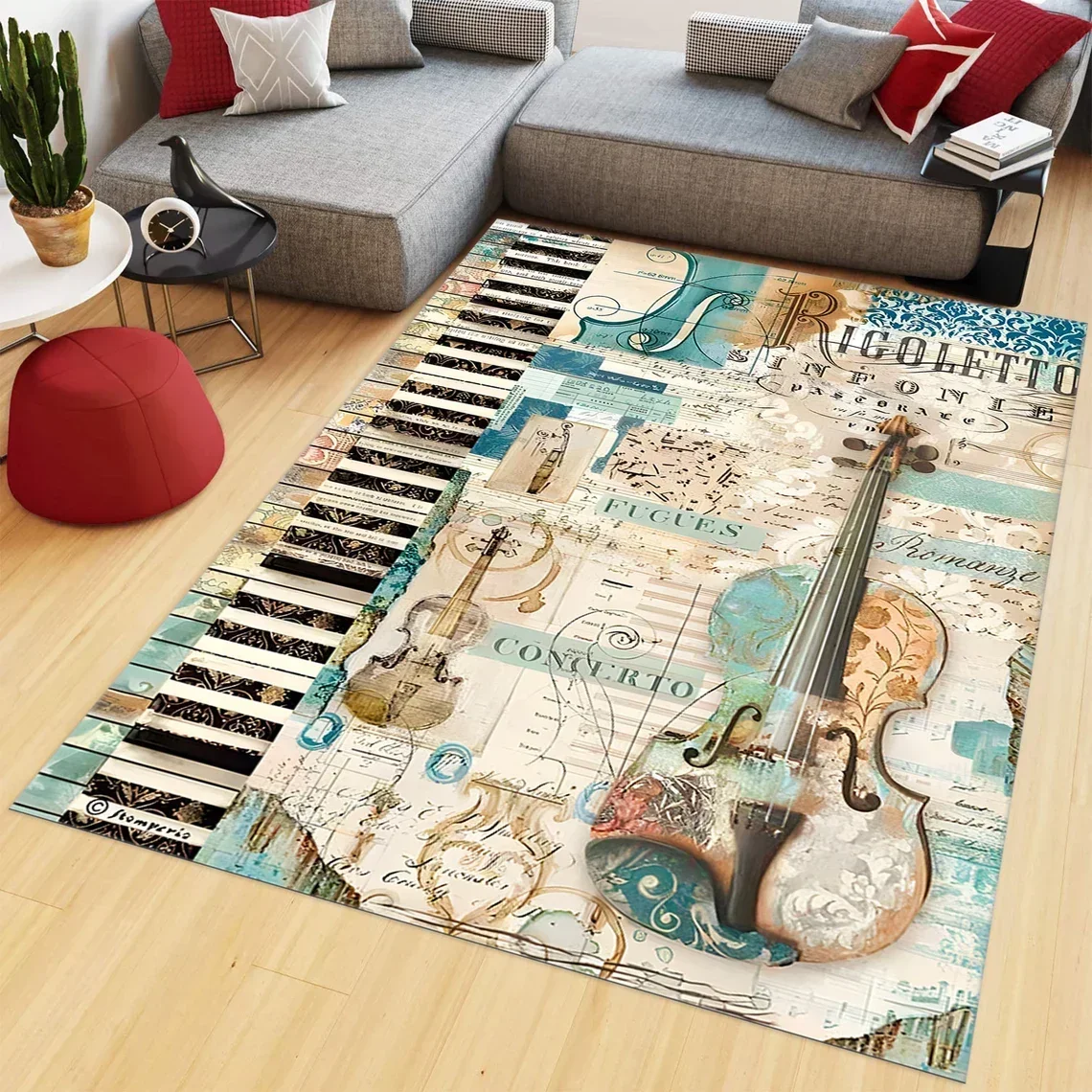 Vintage Music Collage Print Area Rug with Violin Piano Keys and Sheet Music Floor Mat for Music Room Decor