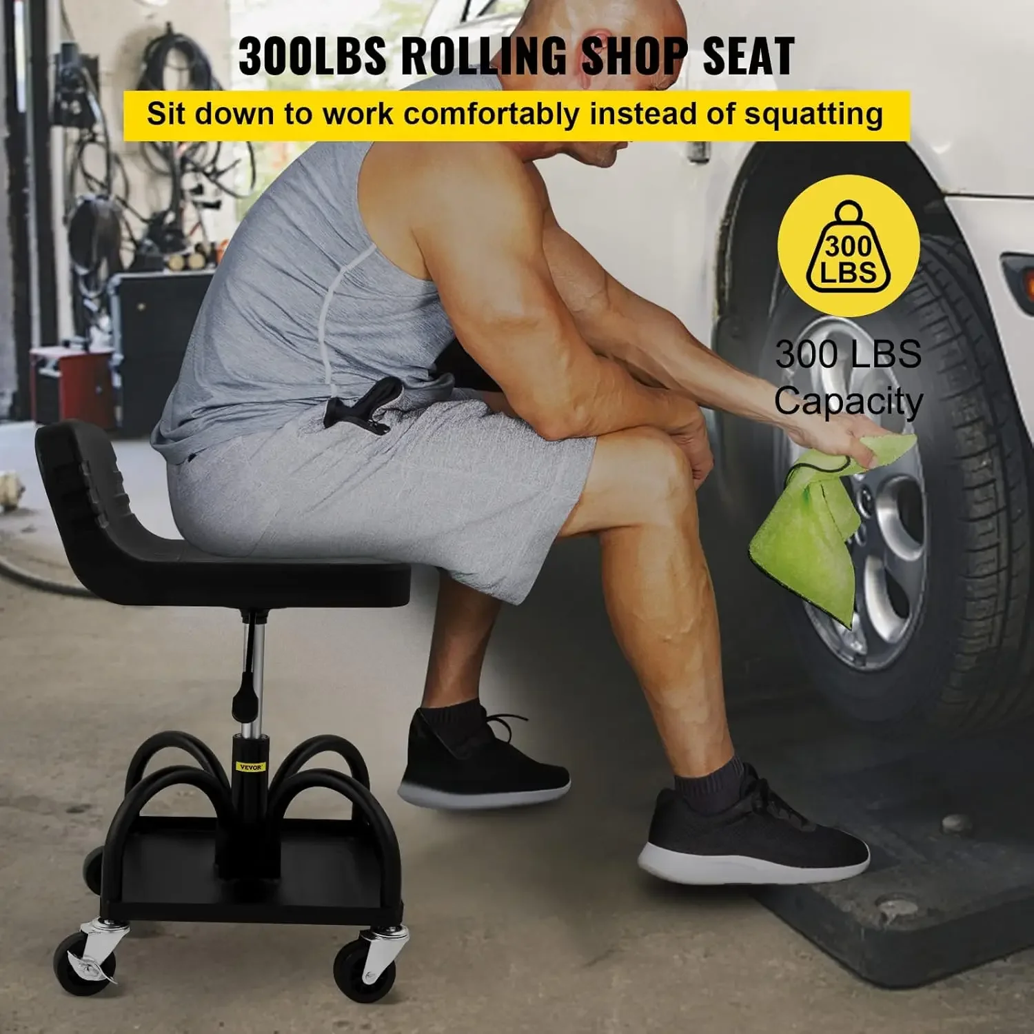 Rolling Garage Stool, 300LBS Capacity, Adjustable Height from 15.7 in to 20.5 in，Mechanic Seat with