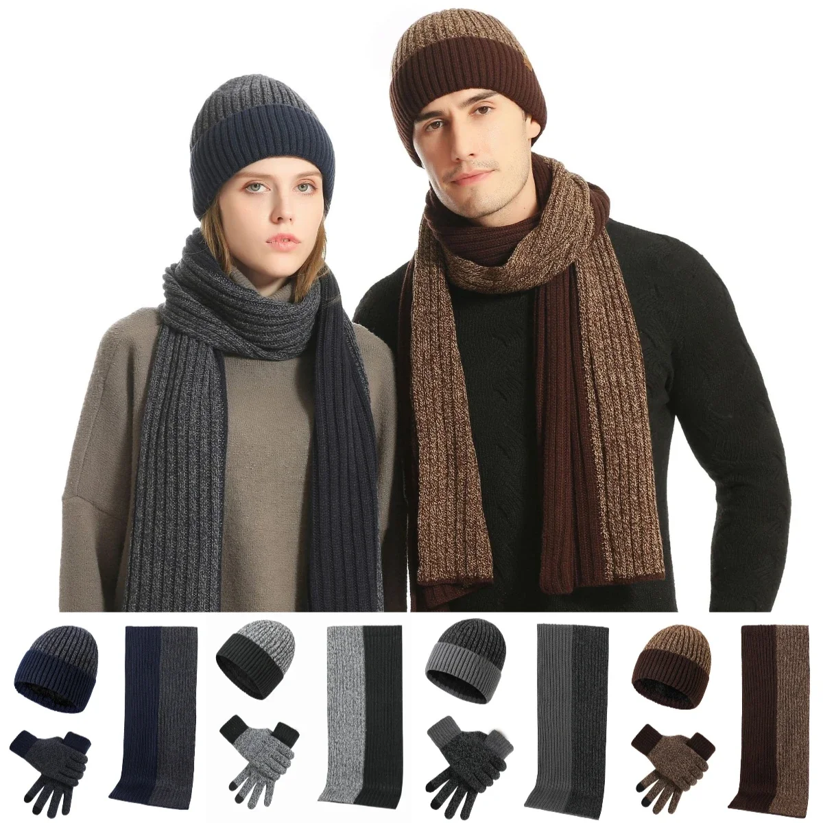 Knitted Men Women Beanie Gloves Scarf Autumn Winter Keep Warm Set Unisex Male Woolen Yarn Muffler Spring Fall Contrast Color Hat