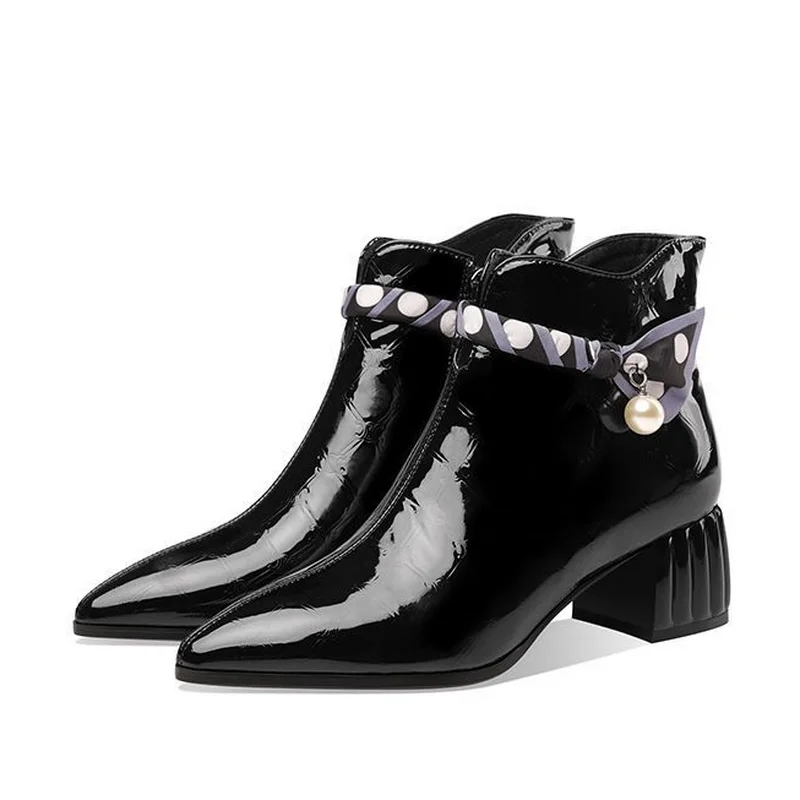 FHC Patent Leather Women Ankle Boots,Embossed Flower Short Botas,Pearls Winter Shoes,Side Zip,Pointed Toe,Green,Black,Dropship