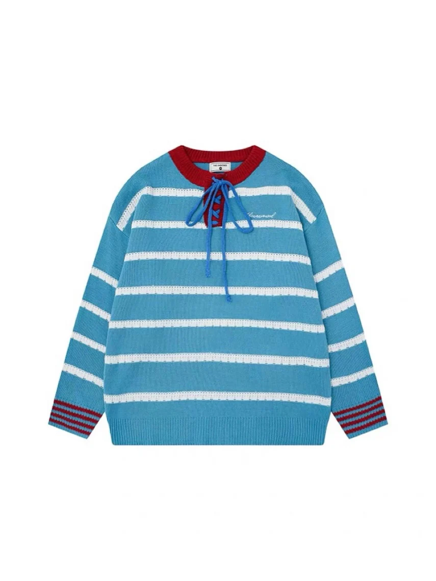 

Retro American Striped Knitted Sweater Loose Fit round Ne Overhead Men's Faionable Casual Winter Top Youth Universal