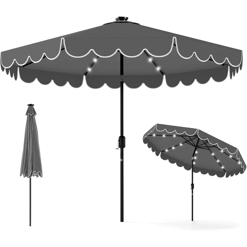 

9 FT Solar Patio Umbrella, 2-Tiers Scalloped Outdoor Table Market Umbrella with 32 LED Lights, Vented Top, Crank, 8 Ribs