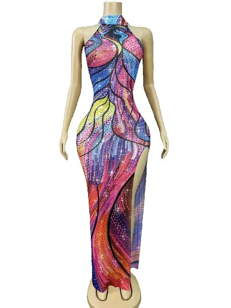 Alta qualidade carimbo quente e bloqueio de cor sexy pendurado pescoço fino ajuste split vestido 2025 nova moda roupas femininas personalizadas