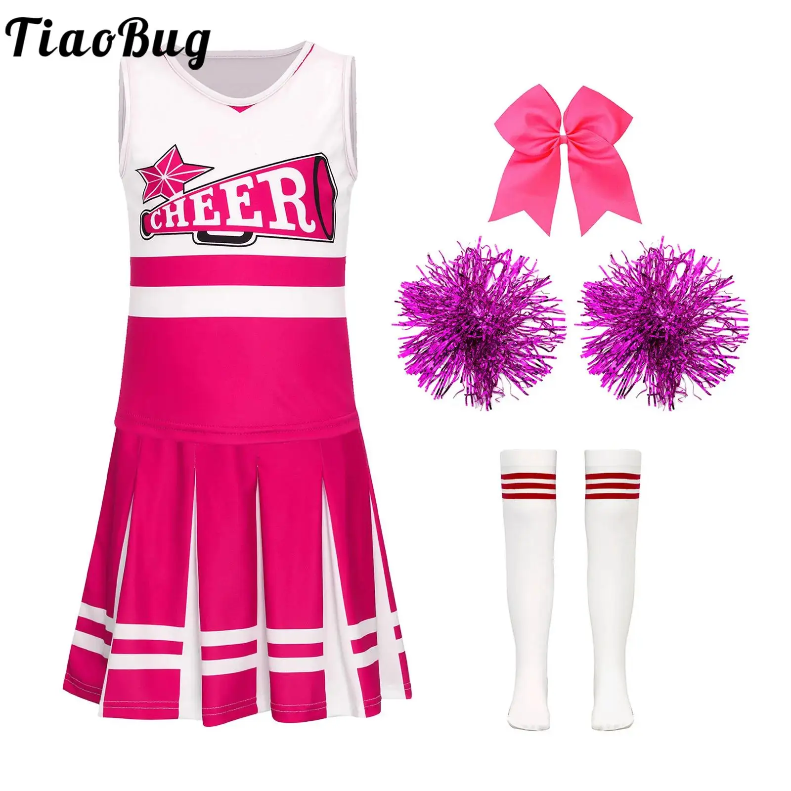 

Kid Girls Cheerleading Outfits Halloween Fancy Dress Cheer Leader Costume Sleeveless Dance Vest and Skirt Pompom Socks Dancewear