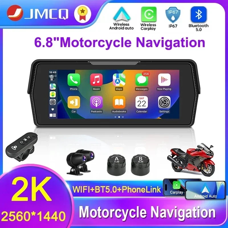 

JMCQ 6.8" 2K DVR Motorcycle Multimedia Player Navigation Recorder Wireless CarPlay Android Auto IP67 Waterproof Screen Bluetooth