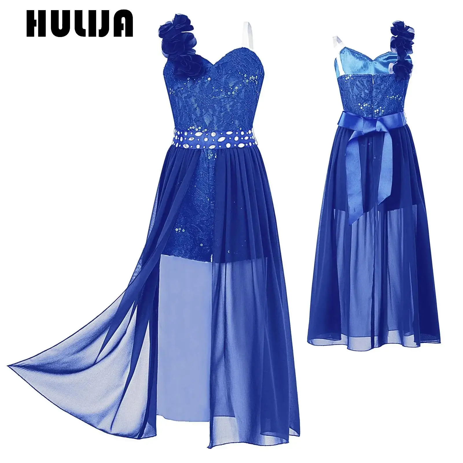 

Kids Flower Girls Elegant Wedding Party Dress One Shoulder Applique Chiffon Overlay Maxi Dress Romper Gown for Pageant Evening
