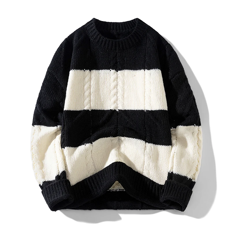 

Retro Contrasting Color Twist-Knit Round-Neck Loose Sweater Men's Autumn and Winter Retro Textured Knitwear Round-Neck Loose Sweater Soft and Waxy Knit Top