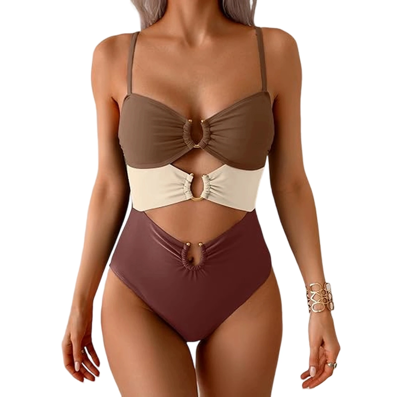 Sexy Cutout Swimsuit Solid Color Summer Spaghetti Strap Color Block Ring Detail One Piece Beach High Cut Bathing Suit view 5