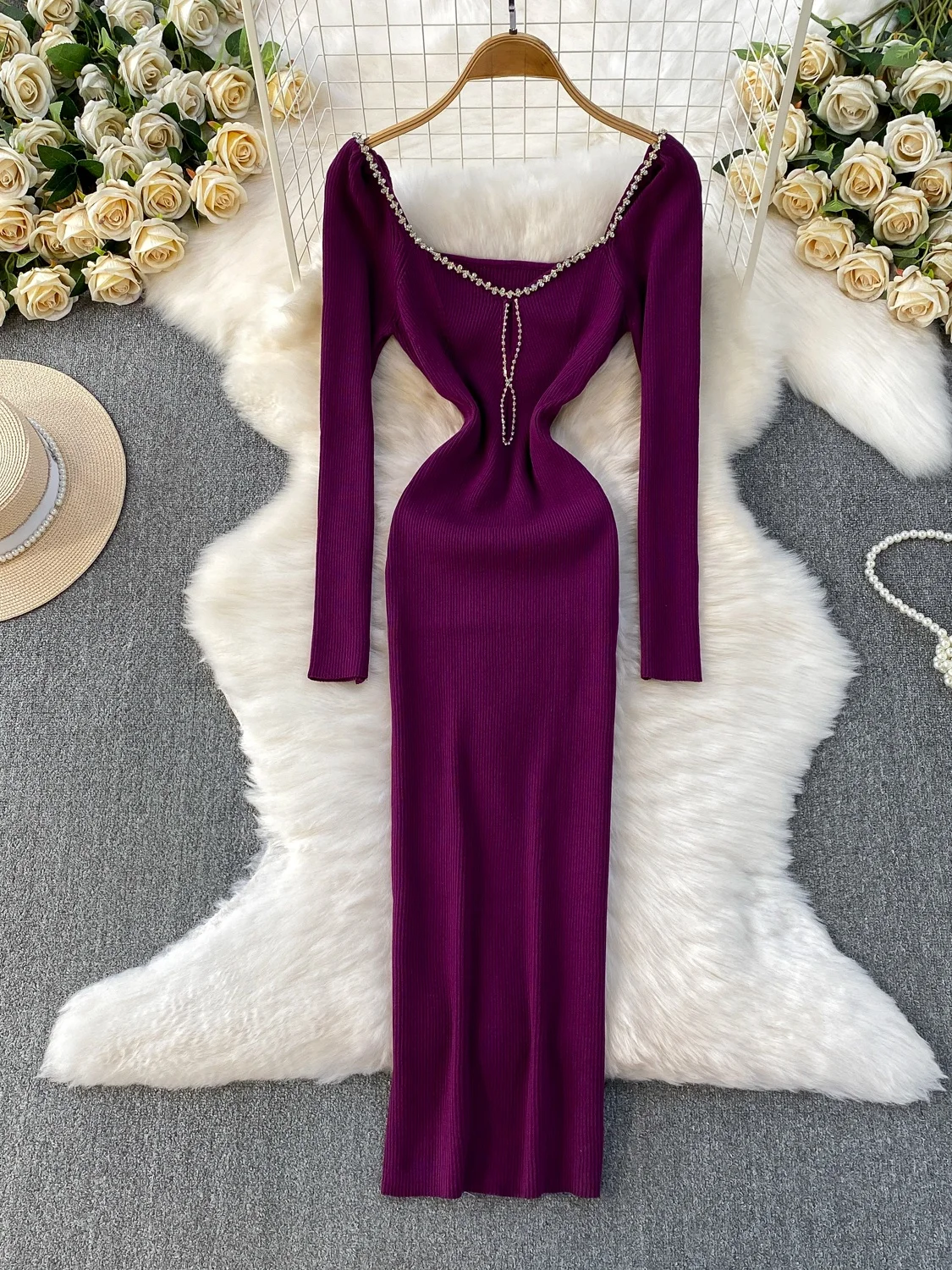 

Hollow out Square Ne Knitted Dr Women's Winter Elastic Waist a Butt Slimming Base Layer Long Dr