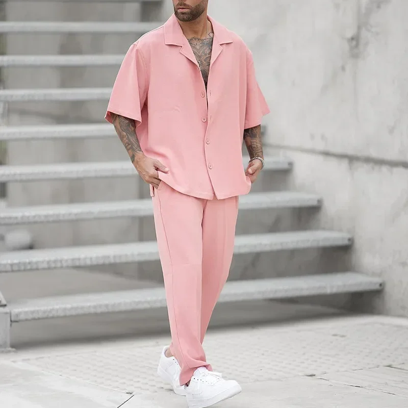 

Summer Fashion Shirts and Pants Two-piece Mens Sets New Trend Solid Color Male Suit Pink Large Size Sweatshirts Ropa Hombre