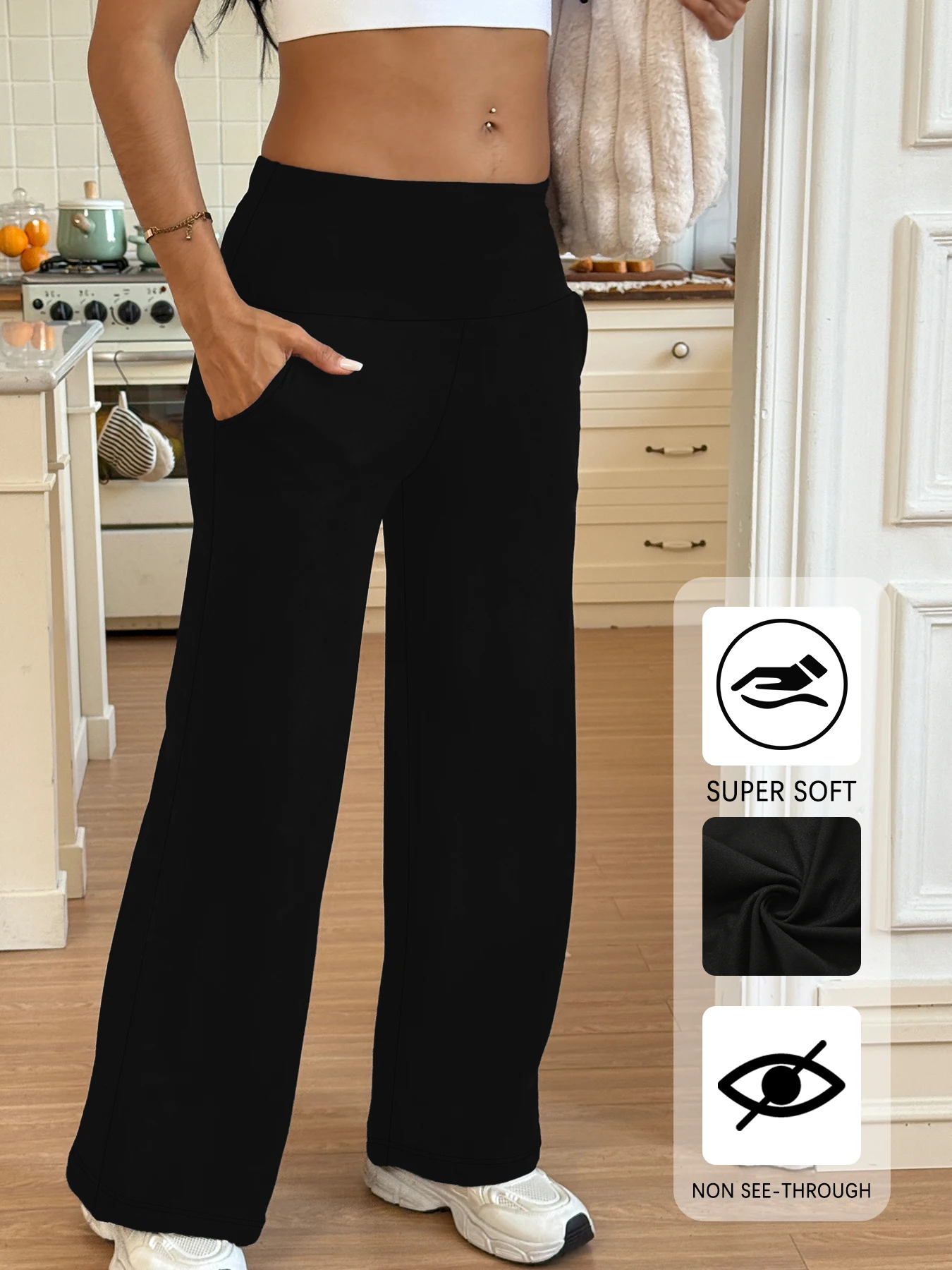 Pantalones de pijama súper suaves de talle alto para mujer, pantalones de pierna ancha con bolsillos para uso doméstico o al aire libre ﻿