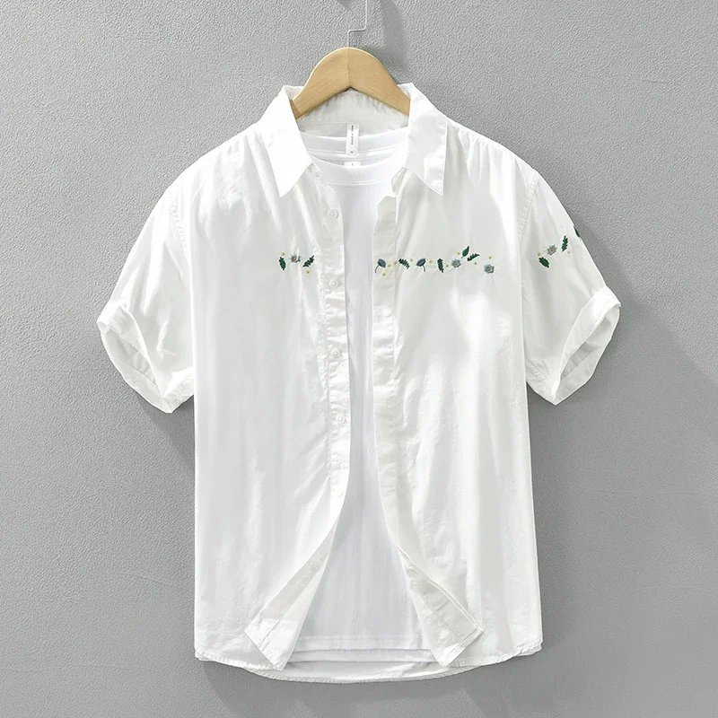 

2024 Summer New Floral Embroidery Shirts for Men Plus Size Casual Loose Turn-down Collar Short Sleeve Shirts