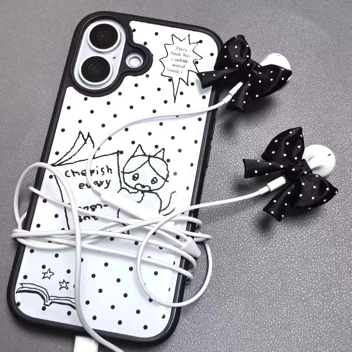 Polka-Dot Bow DIY Earphone Decor for Girls, Lovely Ornament Compatible with Wired Semi-In-Ear Earphones