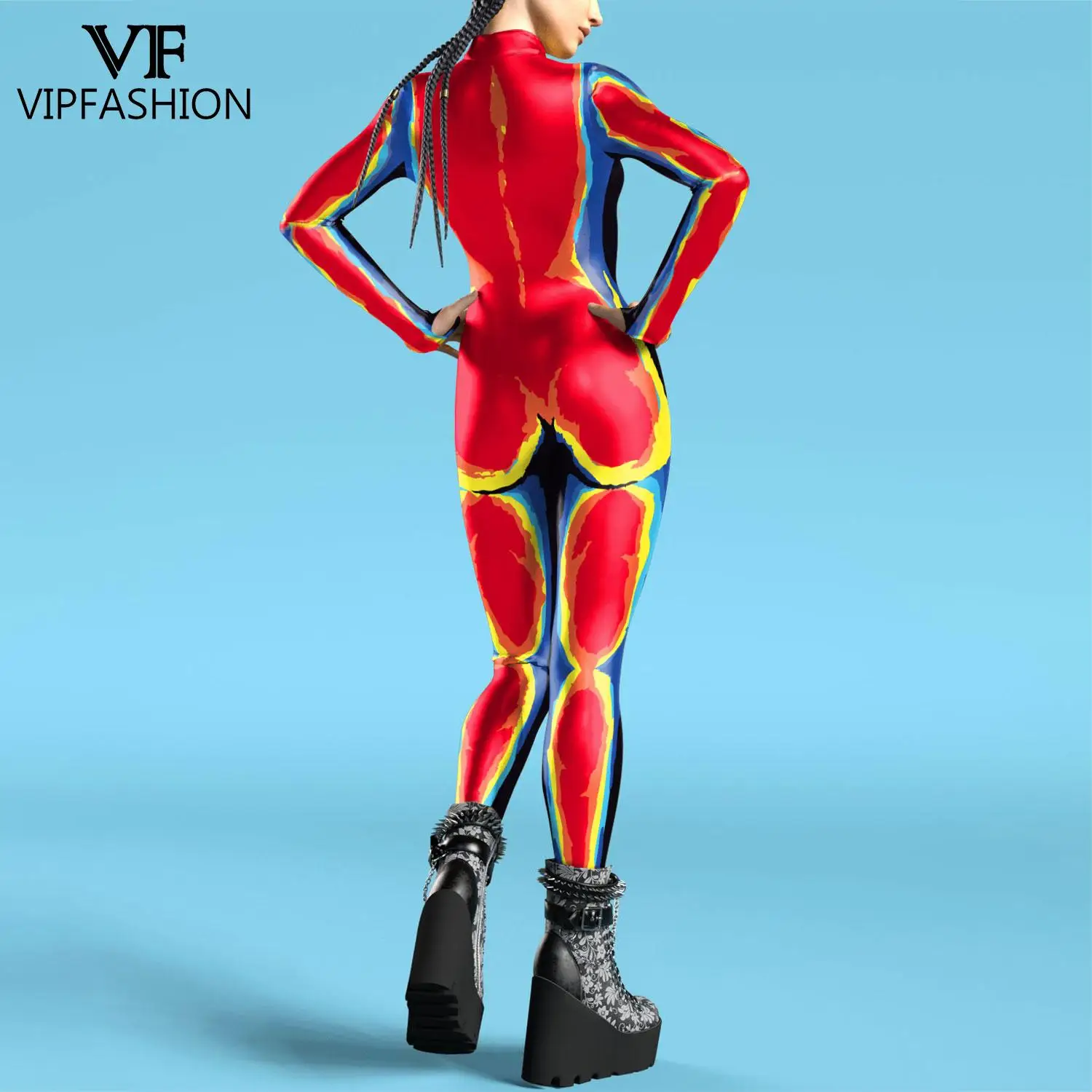 VIP FASHION Colorful Zentai Bodysuit Thumb Sleeves Cosplay Costume Front Zipper Jumpsuit Burning Man Festival Outfit for Woman