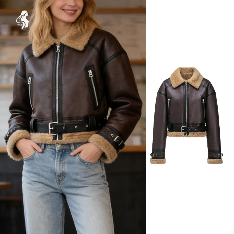 

Women Short Leather And Fleece Jacket With Waist Belt Zipper Pockets Vintage Commuter Jacket For Autumn And Winter Woman Clothes