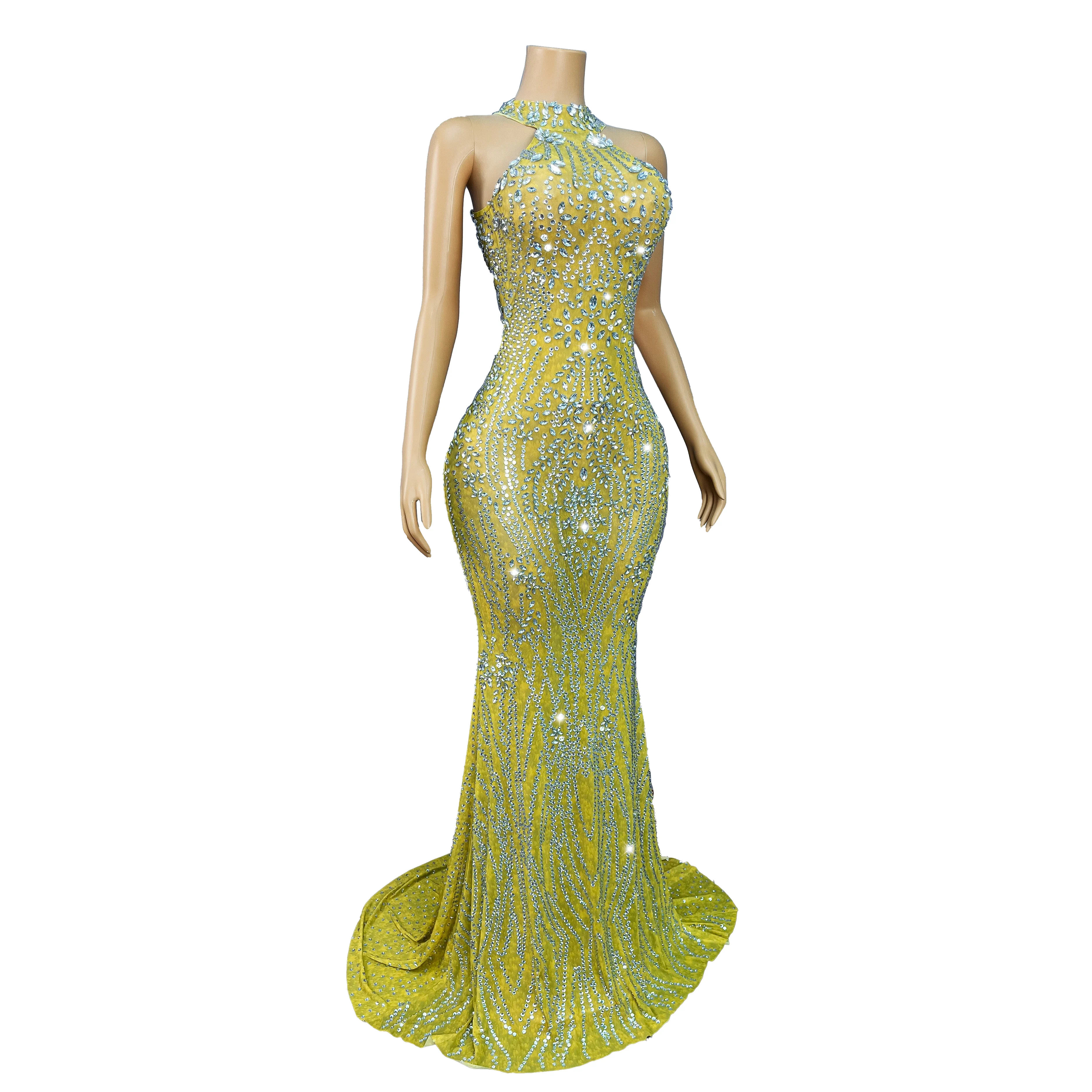 Vestido de cola brillante de gama alta, vestido de malla con adornos de diamantes de imitación pesados, vestido de fiesta de noche, alfombra roja, traje de escenario para espectáculo Jigeng