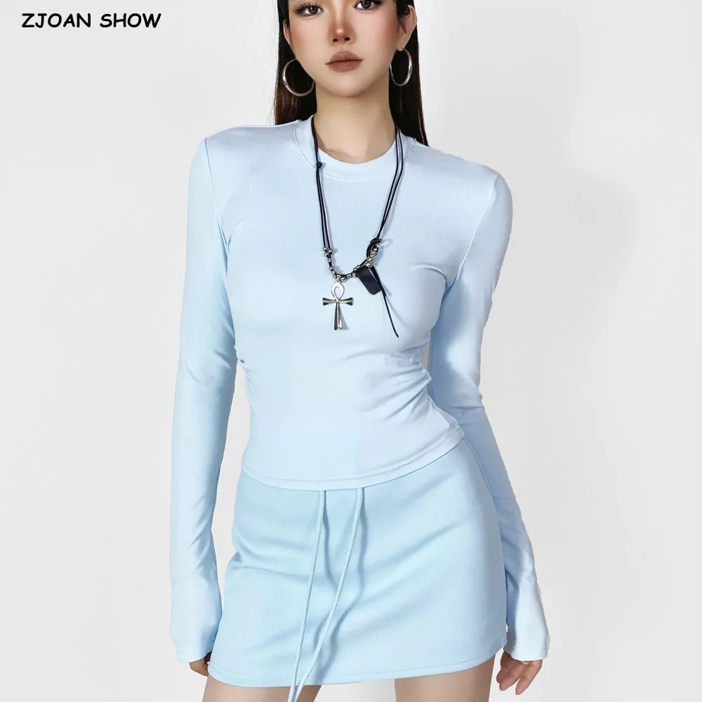 Y2K Winter Warm Round Collar Tee Women Skinny Stretch Full Sleeve Base T-shirts Yoga Ruched Waist Cropped Blouses Korea Clothes