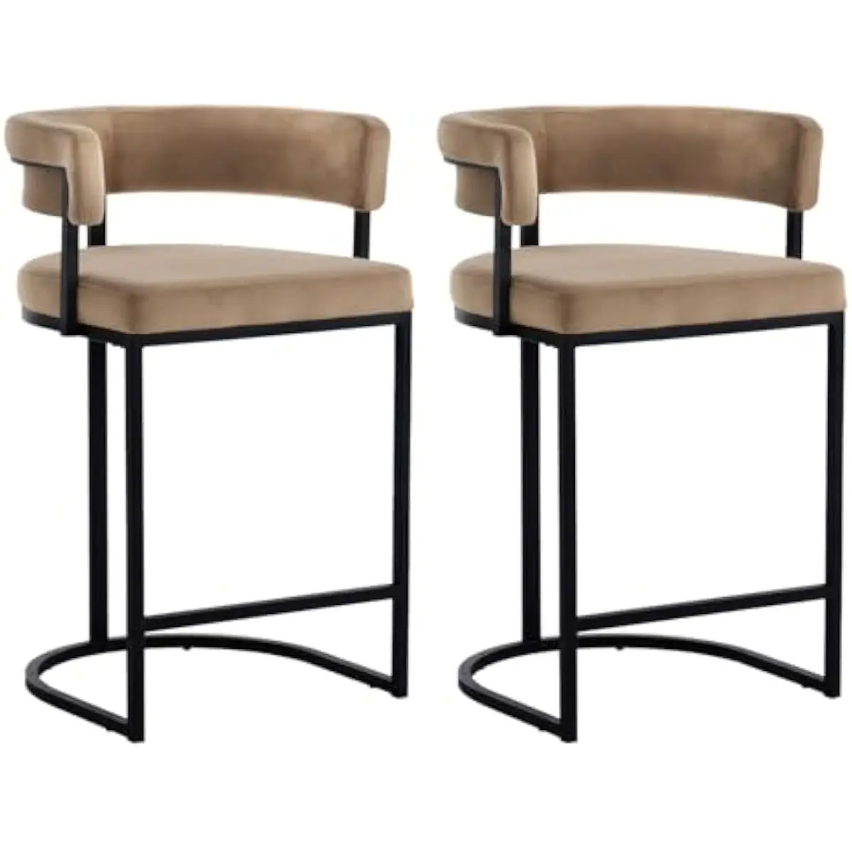 Modern Barrel-Shaped Counter Stools Pair • 26 Inch Height • Velvet Upholstered Seat & Back • Ergonomic Curved Support • Metal Fr