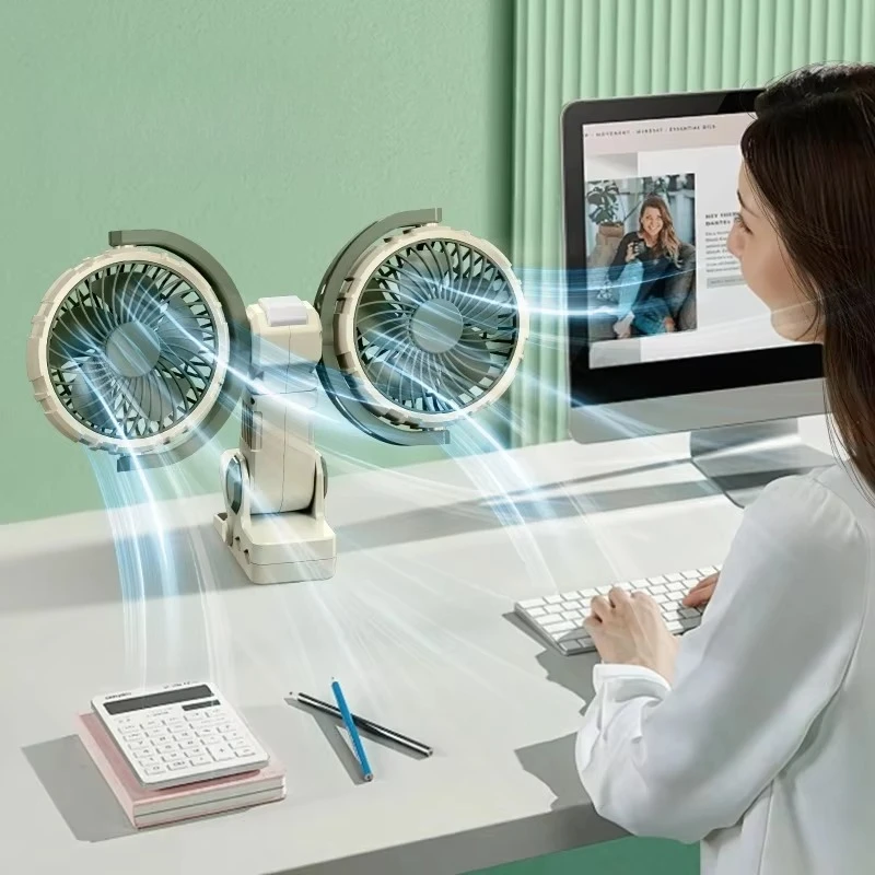 Dual Head Clip Fan 360 Degree Rotatable USB Rechargeable Cooling Fan 3 Speeds 2 Light Modes For Home Bedroom Stroller F7311