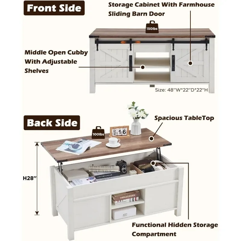 OKD-Farmhouse Lift Top Coffee Table com porta de celeiro deslizante, mesa central rústica, compartimento de armazenamento escondido, mesa de levantamento