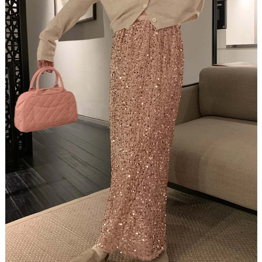 

Women Vintage Aesthetic Elegant Sparkly Sequin Midi Skirts Elastic High Waist Shiny Glitter Pencil Formal Party Long Skirts