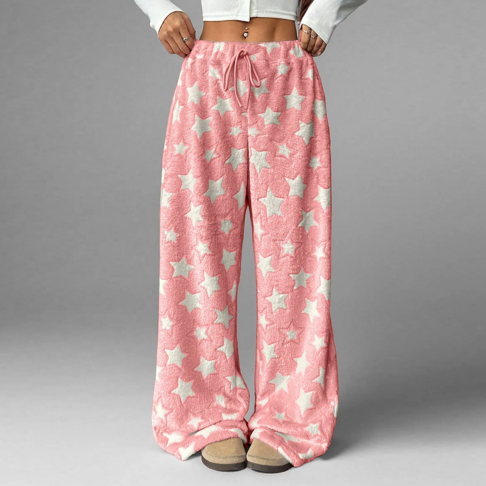 Women's Winter Sleepwear Casual Home Pants Thicken Warm Star Print Flannel Pants Plush Pajama Bottoms Coral Fleece Lounge Wear