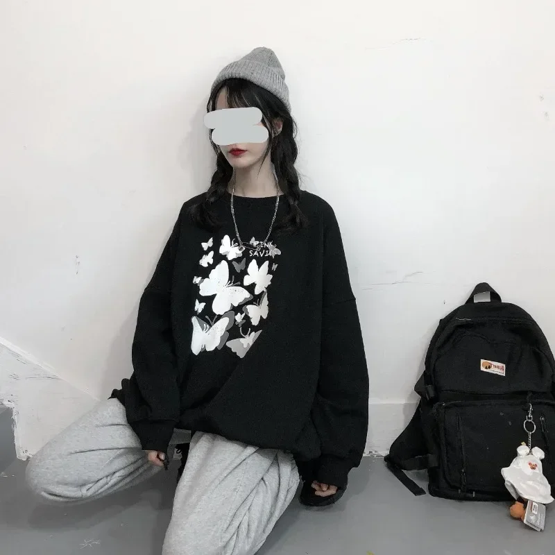 

Black O Neck Butterfly Print Vintage Loose Sudaderas Mujer Bf Y2k Harajuku Preppy Style Hoodies Japanese Chic Women Sweatshirt