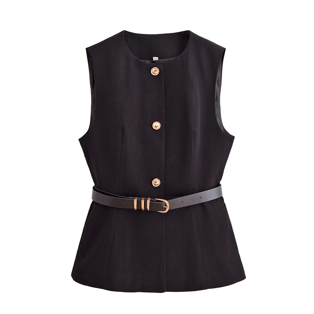 

2024 autumn and winter new fashion temperament belt simple sleeveless round neck vest vest vest vest