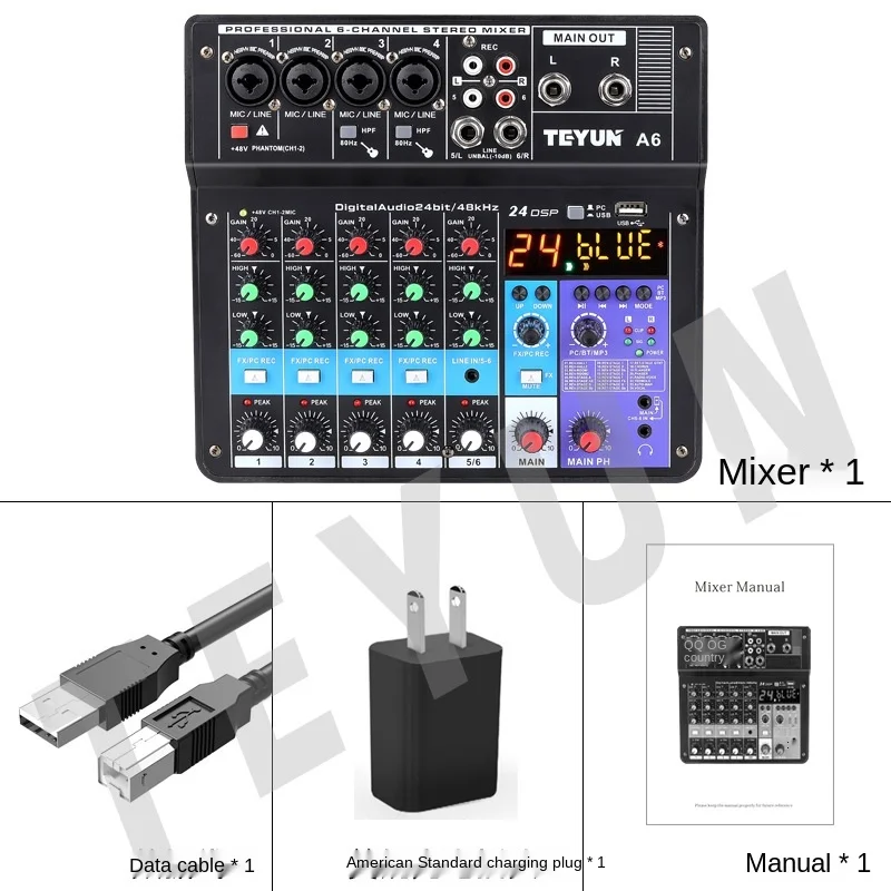 TEYUN-controlador de Dj, de 6 vías mezclador de sonido, equipo profesional de Audio, consola de mezcla, Video portátil profesional, electrónica de