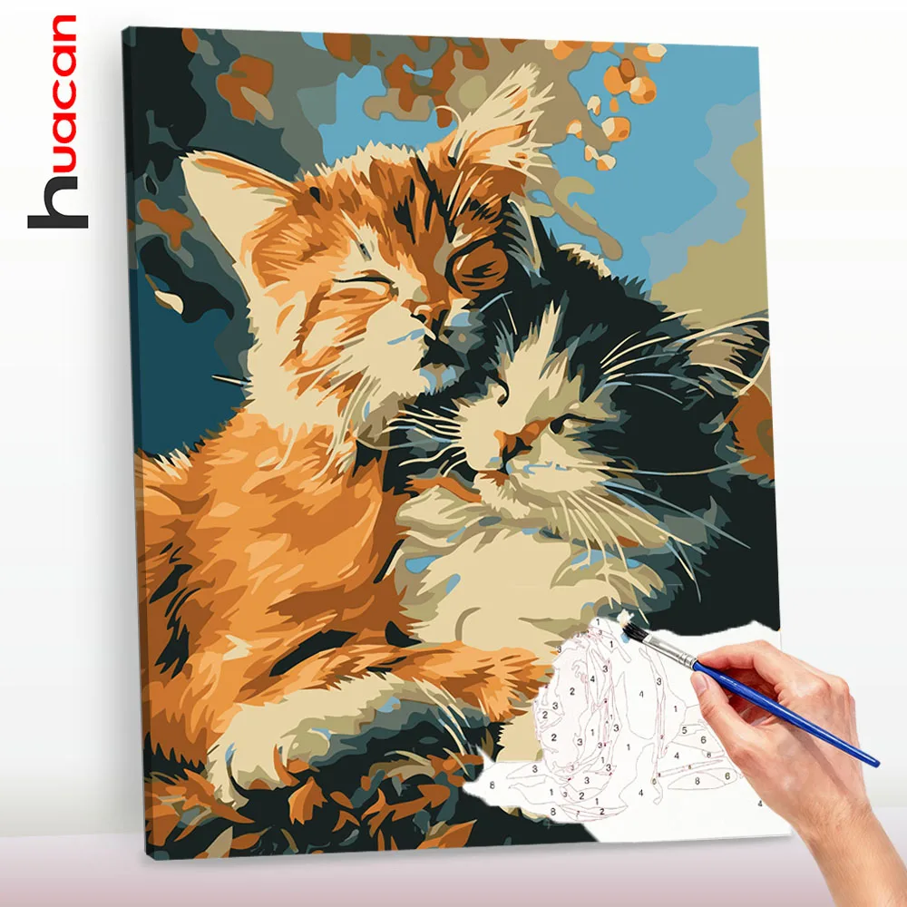 Huacan Malen nach Zahlen Set Katzen im Herbst Kit Kunstwerk DIY Ölgemälde Tiere Landschaft Kunsthandwerk Handbemalt ﻿ ﻿