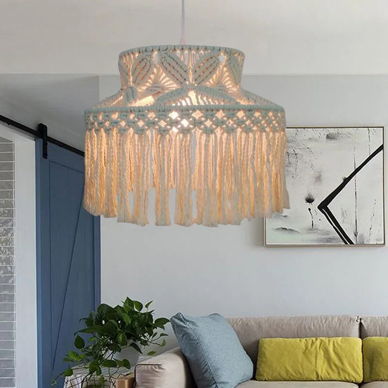 Nordic Bohemian chandelier creative living room LED lamp kitchen bedroom cotton lamp pastoral woven Droplight