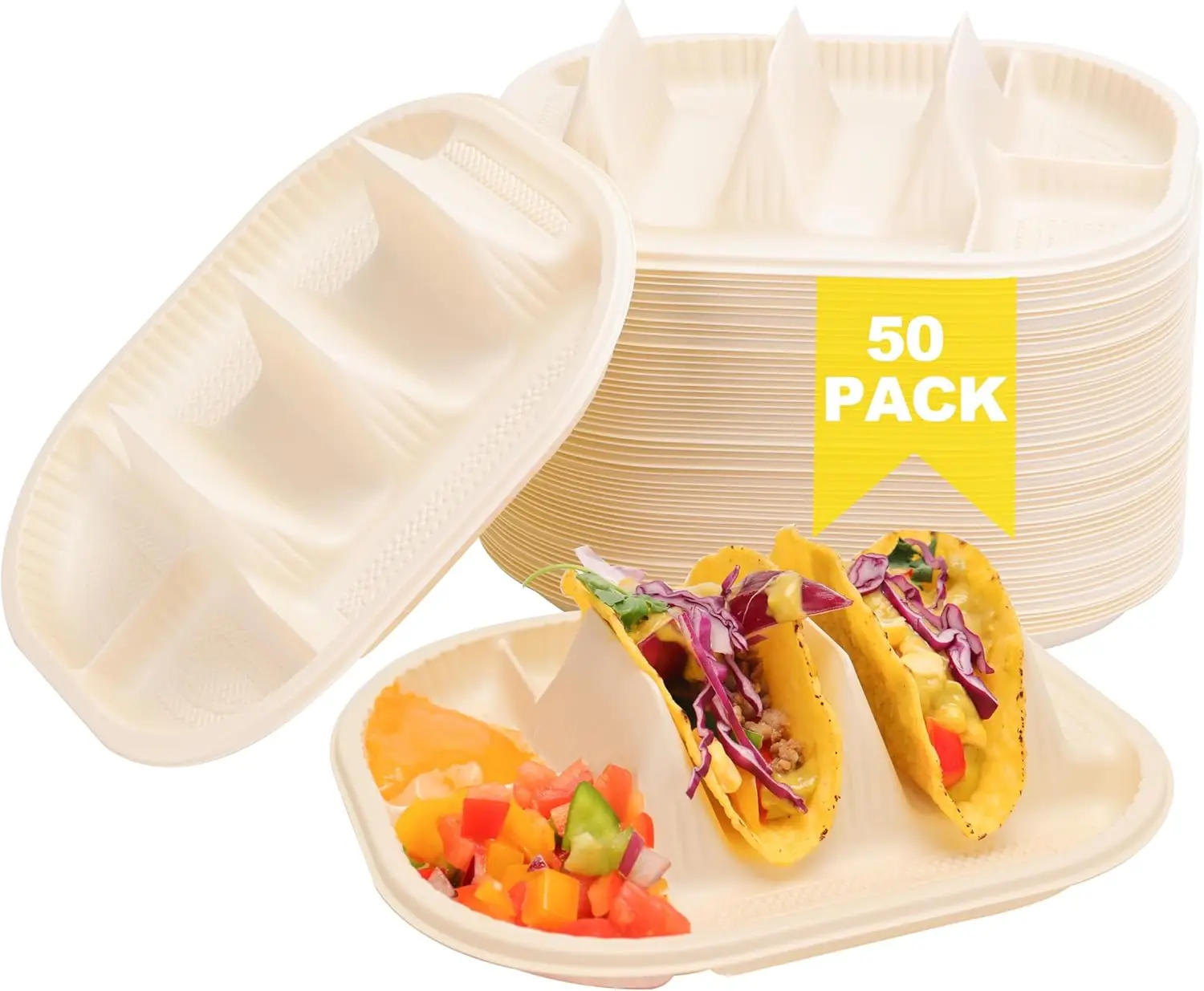 Platos Desechables para Tacos con Compartimentos para Salsas, Paquete de 50, Porta Tacos Biodegradables de Almidón de Maíz para Tortillas de 4-6 Pulgadas, Aptos para Microondas