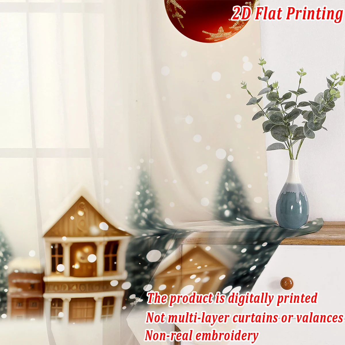 ستارة شفافة مطبوعة مسطحة لعيد الميلاد مع مدينة ثلجية لعيد الميلاد، لغرفة المعيشة وغرفة النوم وديكور النوافذ وأجواء الحفلات