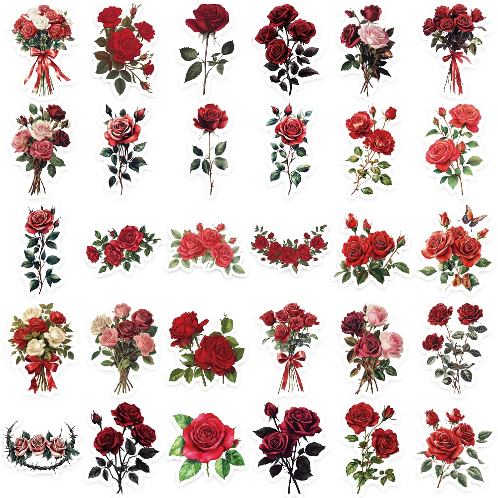 50PCS Beautiful Retro Red Rose Graffiti Sticker Scrapbooking Collage Material Phone Case Guitar Notebook Storage Box DIY Sticker