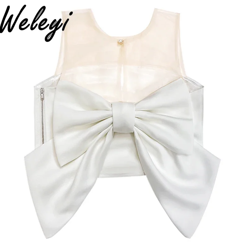 

Sweet Pink Bow Small Sling Vests Women's Summer Versatile Seaside Vacation Style Short Crop Top Outer Wear Slim Camisole Tops