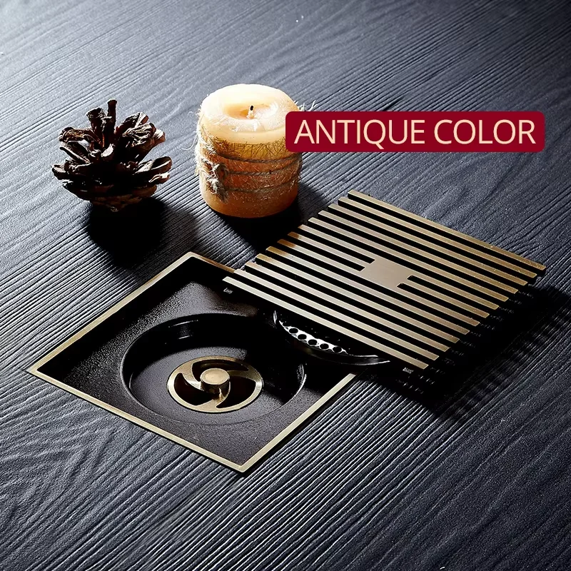 

Shower Drains 12*12cm Square Bath Drains Strainer Hair Antique Brass Art Carved Bathroom Floor Drain Waste Grate Drain