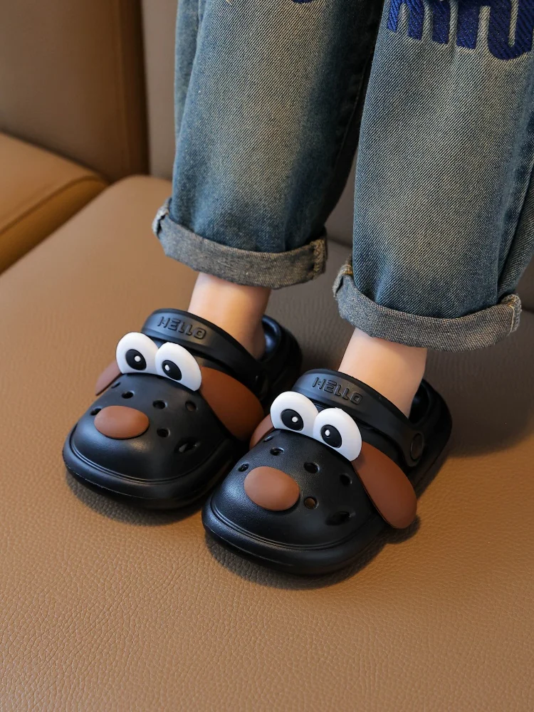 

2025 New Slippers Summer Wear, Smile Playful Black Shoes, Brown Ears, Dog Sandals, Kids