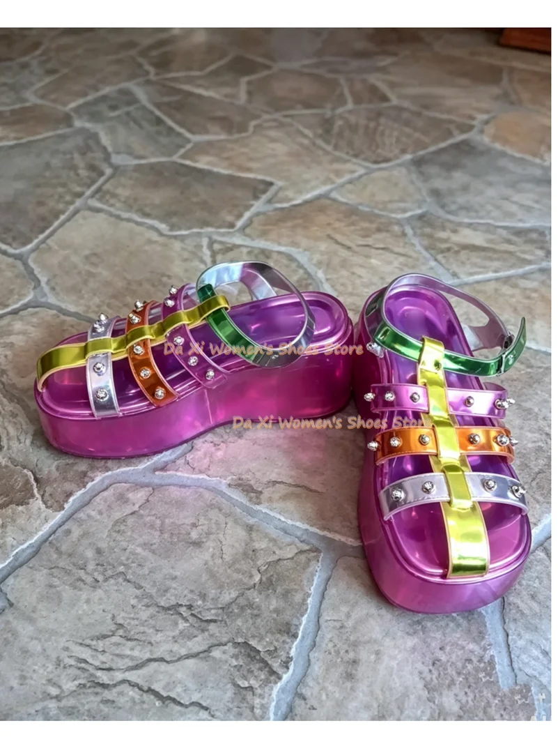 Metallic Color Splicing Platform Sandals Rivet Decorate Pink Rome Style Rave Party Punk Style Footwear Luxury Women's Shoes