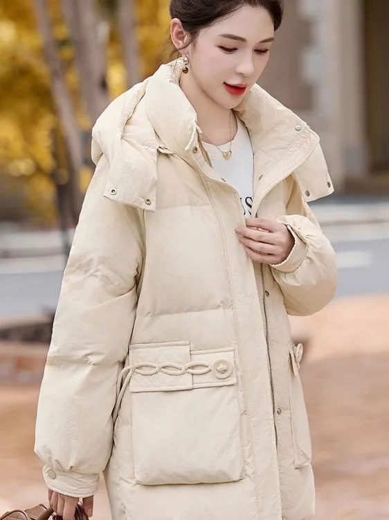 

Женская теплая куртка средней длины из хлопка с отстегивающимся капюшоном, премиум-качество, модная повседневная верхняя одежда, утепленная гусиным пухом...