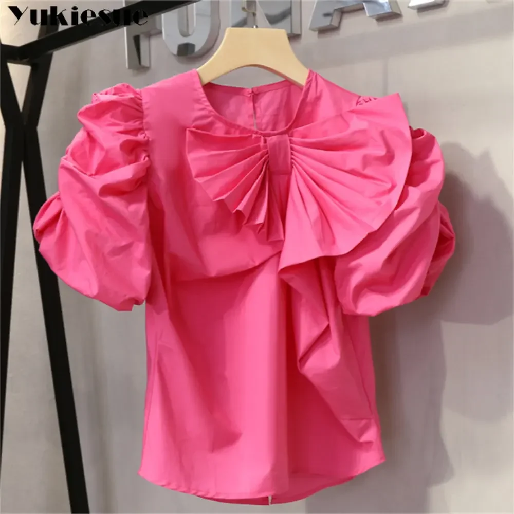 

2025 Summer Korean stytle Chic Stylish Slim Top Solid Blouse Women Casual Short Puff Sleeve Shirt Vintage Flouncing Bow Chemise