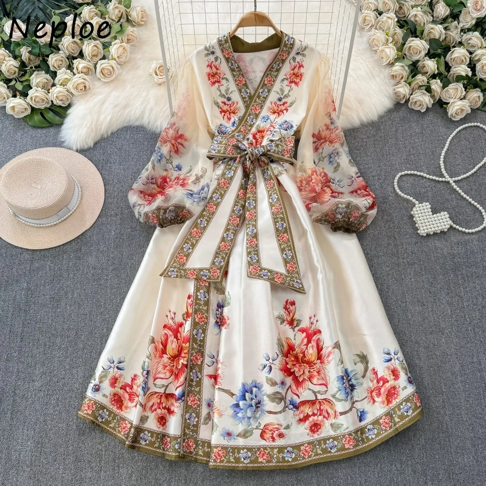 

Neploe Sweet V Neck Lantern Sleeve Print New Vestidos Lace Up Panelled High Waist Court Mujer 2024 New Vintage Big Swing Dress