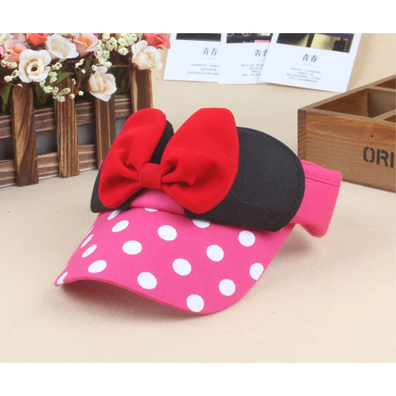 Disney Children Hat Cute Minnie Bow Sunscreen Empty Top Hats for Girls Summer Outdoor Sun Protection Visor Hat Girl\'s Gifts