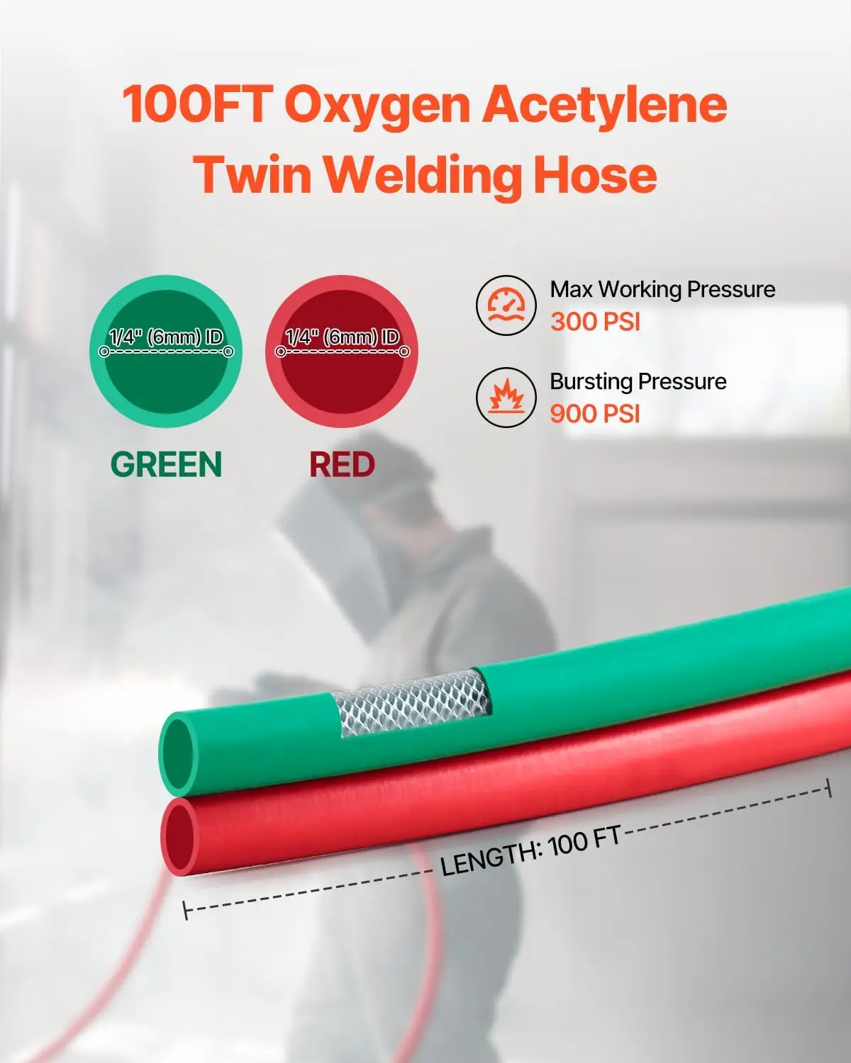 Oxygen Acetylene Hose, 1/4-Inch x 100FT Oxy Acetylene Hose with 9/16