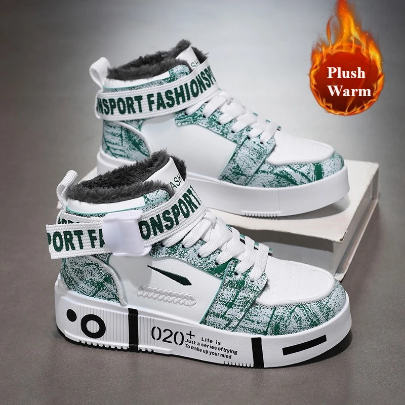 

Детская модная обувь для скейтбординга, высокие кроссовки для мальчиков, нескользящая повседневная обувь, зимняя теплая плюшевая детская прогулочная обувь