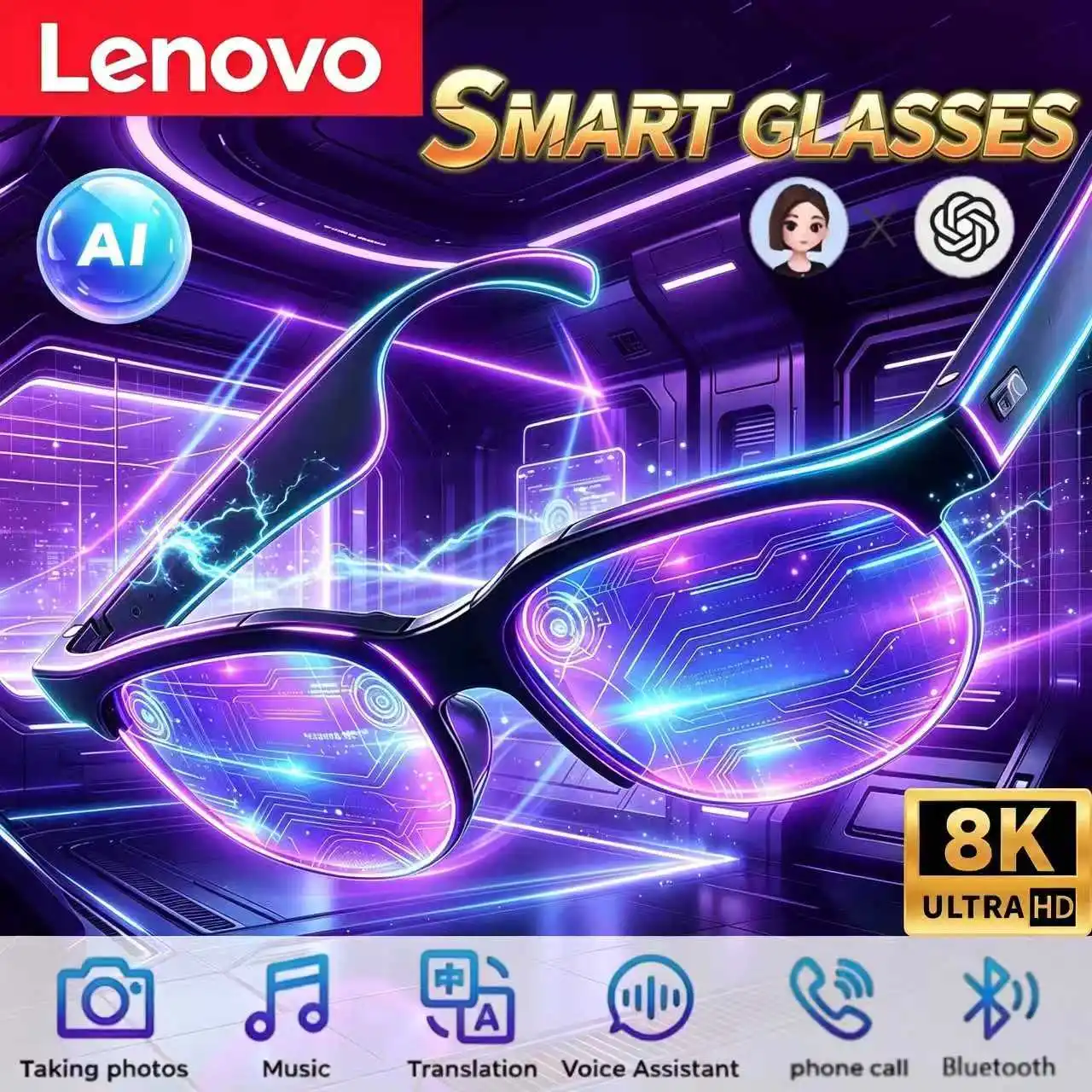 Lenovo 8K HD AI Smart Glasses AI Translation Hands-Free Calling AI Chat Logging Music Playback Smart Sunglasses for Men Women