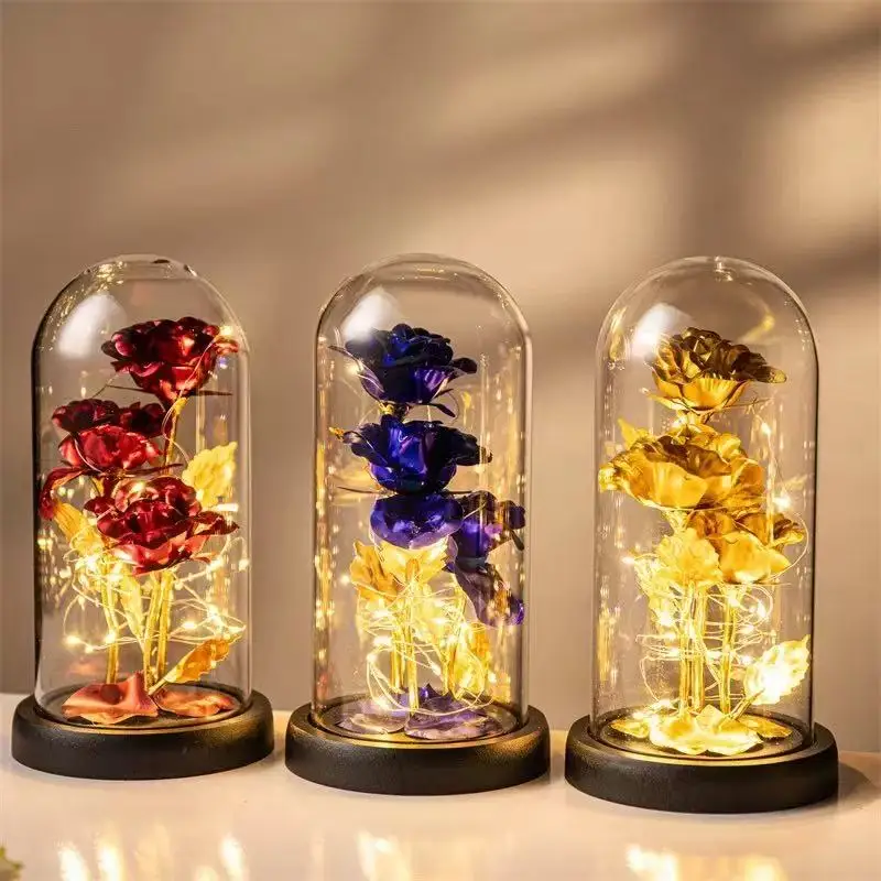 Decoración de flores artificiales, adorno de Navidad, Día de San Valentín, regalo de fiesta de cumpleaños, cubierta transparente, luz LED, rosa de imitación