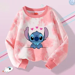 Disney Stitch Kids Sweatshirts Trendy Tie-dye Girl Long Sleeves Pullover Tops Autumn Winter Cartoon Child Clothes Birthday Gifts