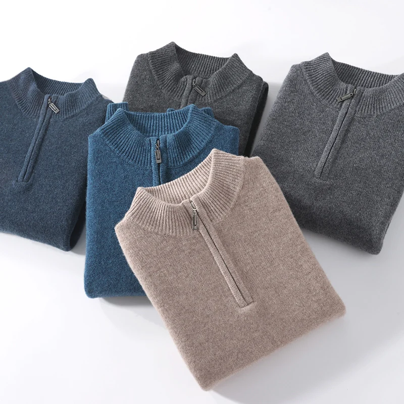 Men's Mock Neck Sweater 100% Merino Wool Knitwea Pullovers Simple Zipper Tops Basic Soft Comfort Warm Chic Casual Long Sleeve